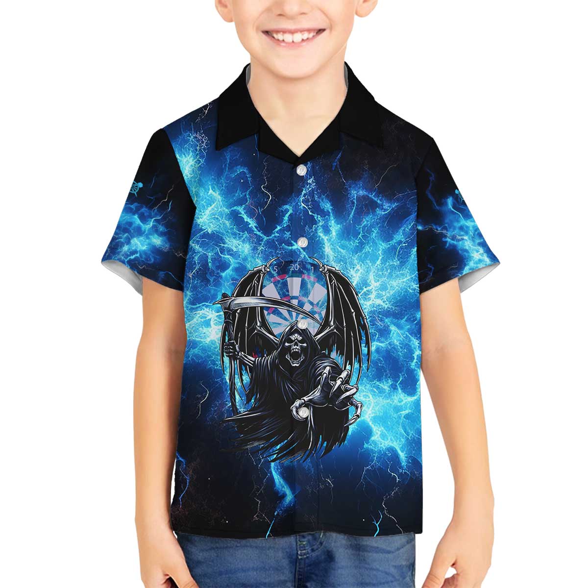 Custom Grim Reaper Bowling Family Matching Off The Shoulder Long Sleeve Dress and Hawaiian Shirt with Blue Lightning Background - Wonder Print Shop