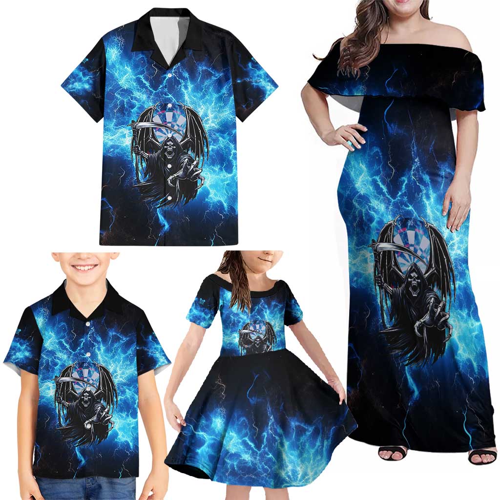 Custom Grim Reaper Bowling Family Matching Off Shoulder Maxi Dress and Hawaiian Shirt with Blue Lightning Background - Wonder Print Shop