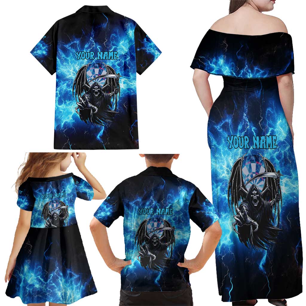 Custom Grim Reaper Bowling Family Matching Off Shoulder Maxi Dress and Hawaiian Shirt with Blue Lightning Background - Wonder Print Shop
