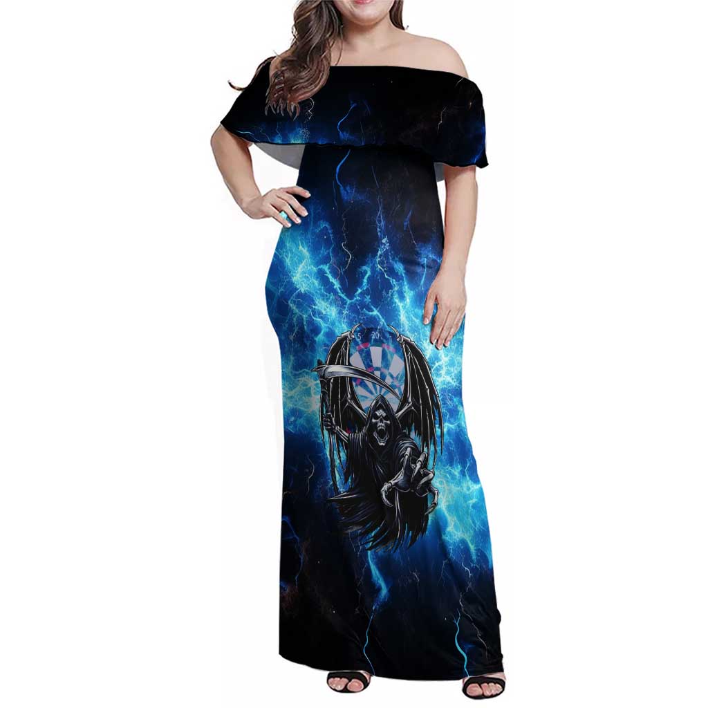 Custom Grim Reaper Bowling Family Matching Off Shoulder Maxi Dress and Hawaiian Shirt with Blue Lightning Background - Wonder Print Shop
