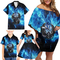 Custom Grim Reaper Bowling Family Matching Off Shoulder Short Dress and Hawaiian Shirt with Blue Lightning Background - Wonder Print Shop