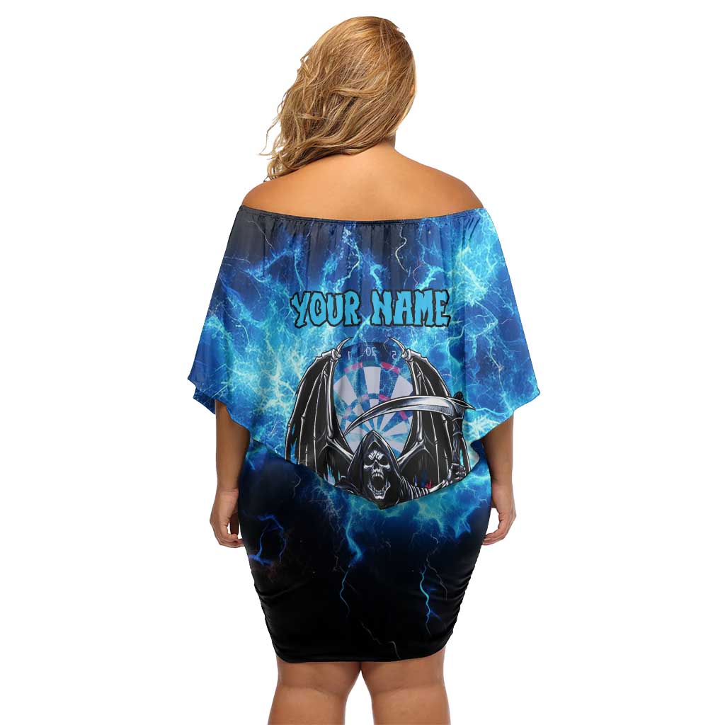 Custom Grim Reaper Bowling Family Matching Off Shoulder Short Dress and Hawaiian Shirt with Blue Lightning Background - Wonder Print Shop
