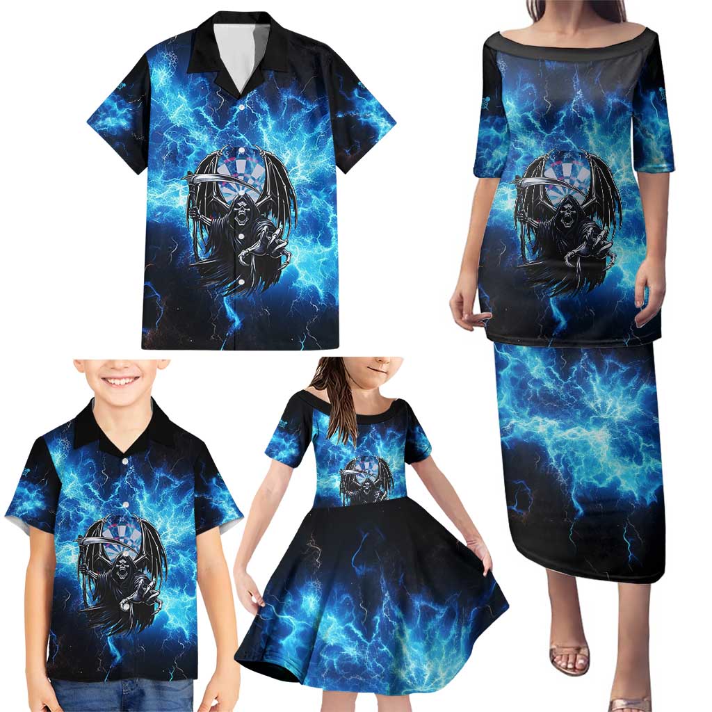 Custom Grim Reaper Bowling Family Matching Puletasi and Hawaiian Shirt with Blue Lightning Background - Wonder Print Shop