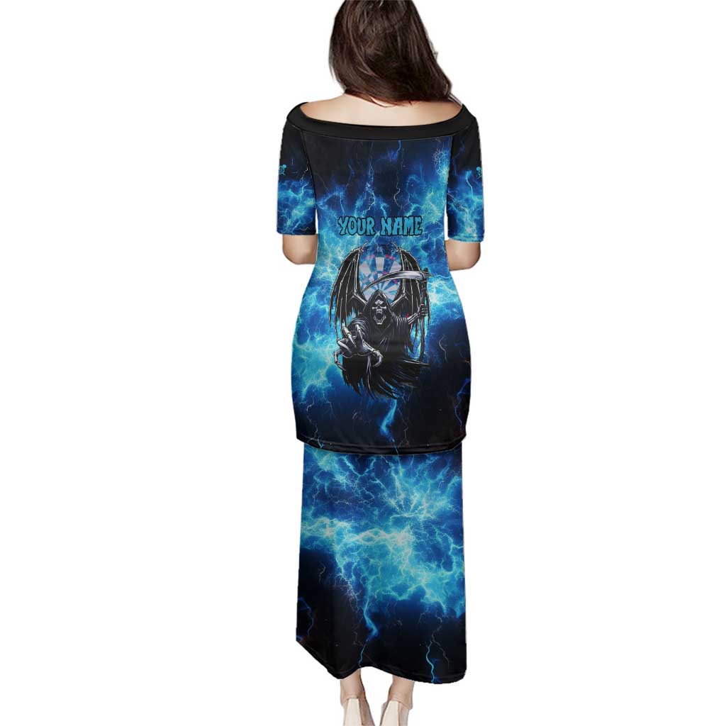 Custom Grim Reaper Bowling Family Matching Puletasi and Hawaiian Shirt with Blue Lightning Background - Wonder Print Shop
