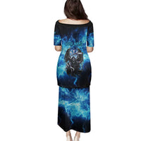 Custom Grim Reaper Bowling Family Matching Puletasi and Hawaiian Shirt with Blue Lightning Background - Wonder Print Shop