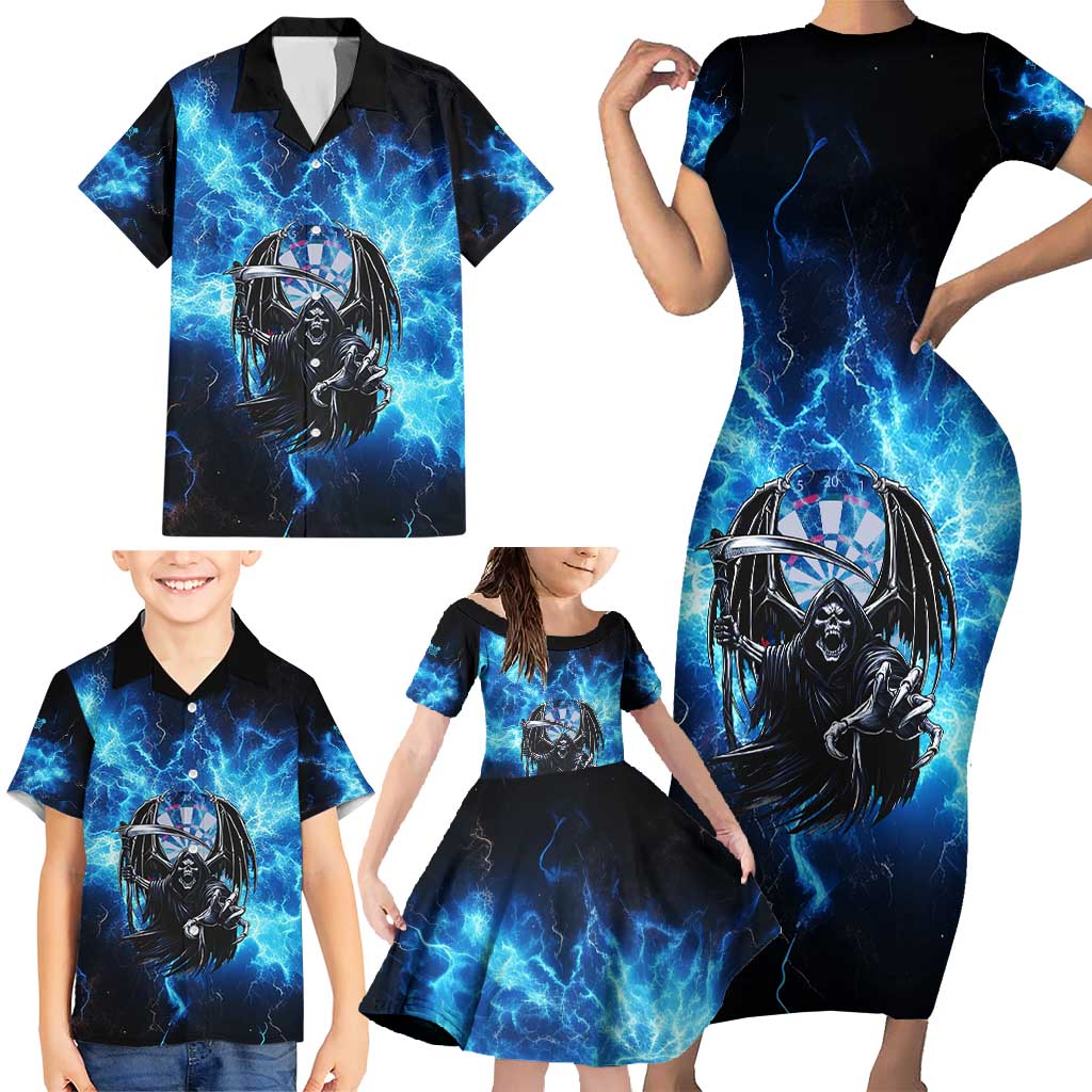 Custom Grim Reaper Bowling Family Matching Short Sleeve Bodycon Dress and Hawaiian Shirt with Blue Lightning Background - Wonder Print Shop