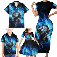 Custom Grim Reaper Bowling Family Matching Short Sleeve Bodycon Dress and Hawaiian Shirt with Blue Lightning Background - Wonder Print Shop