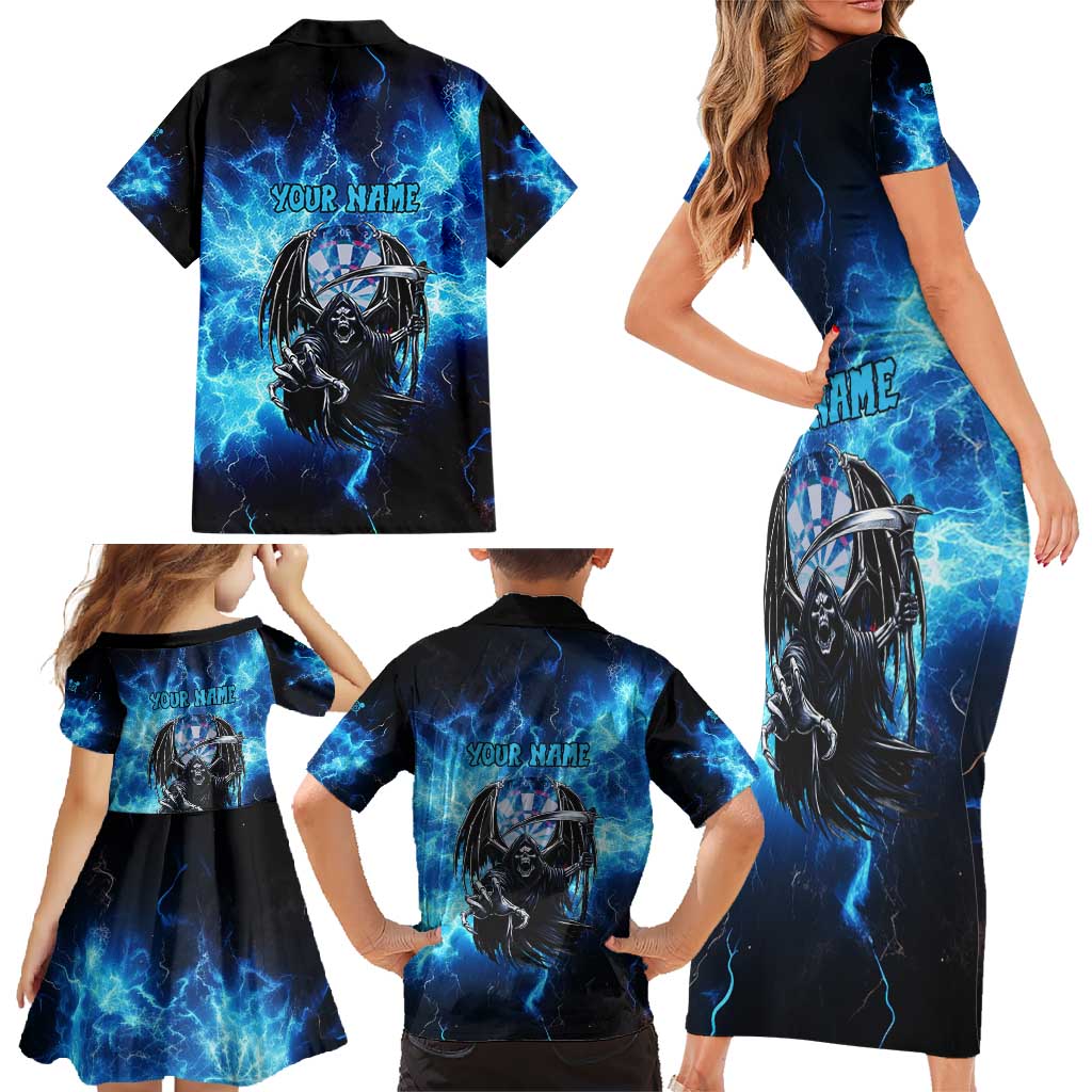 Custom Grim Reaper Bowling Family Matching Short Sleeve Bodycon Dress and Hawaiian Shirt with Blue Lightning Background - Wonder Print Shop