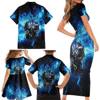 Custom Grim Reaper Bowling Family Matching Short Sleeve Bodycon Dress and Hawaiian Shirt with Blue Lightning Background - Wonder Print Shop