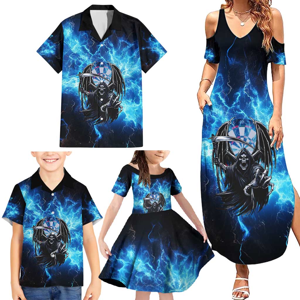 Custom Grim Reaper Bowling Family Matching Summer Maxi Dress and Hawaiian Shirt with Blue Lightning Background - Wonder Print Shop