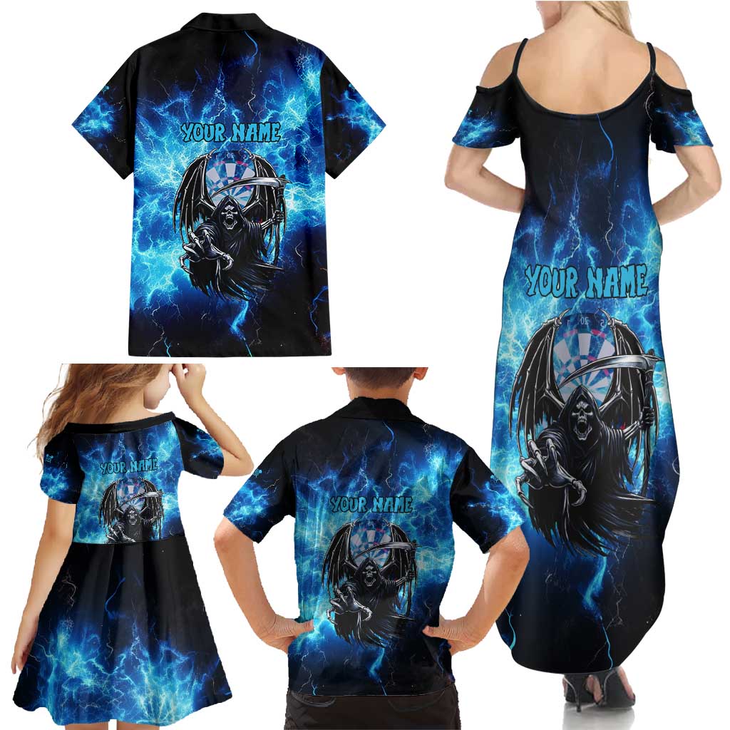 Custom Grim Reaper Bowling Family Matching Summer Maxi Dress and Hawaiian Shirt with Blue Lightning Background - Wonder Print Shop