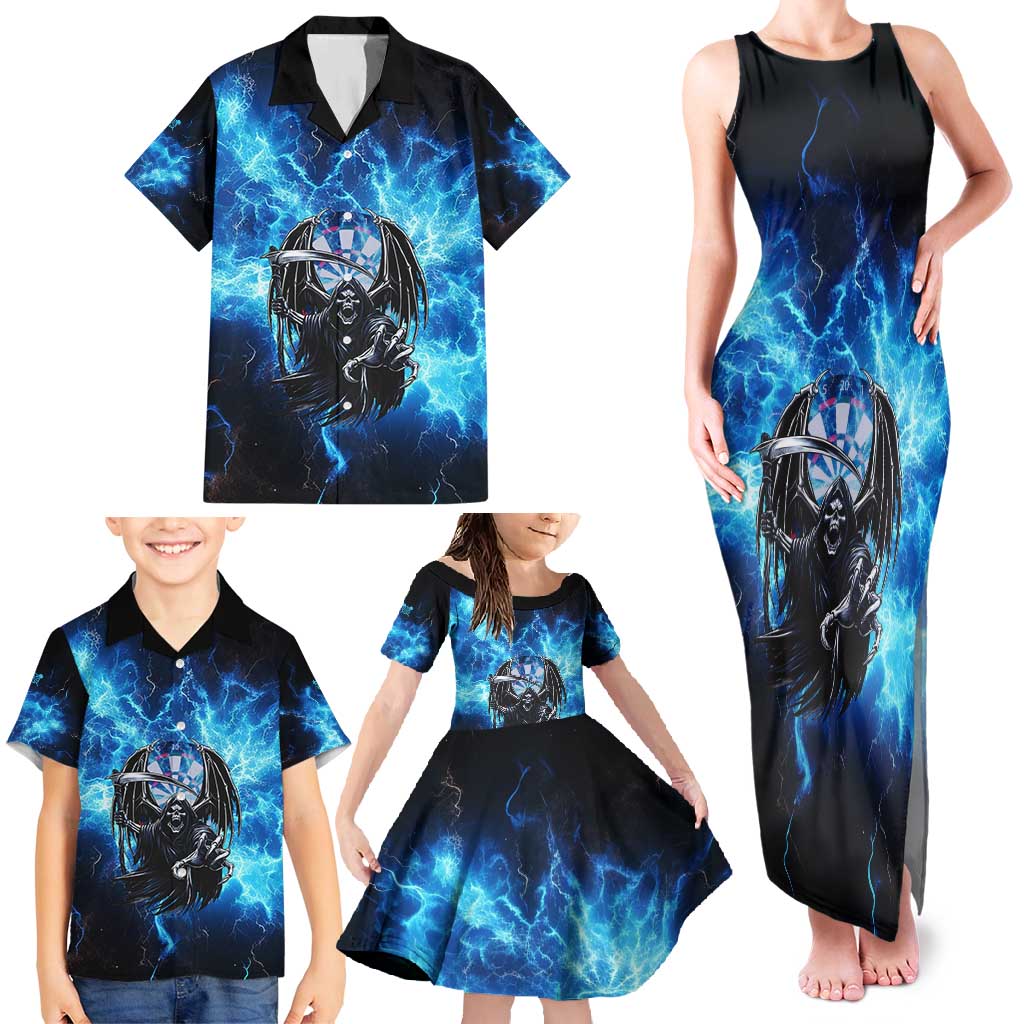 Custom Grim Reaper Bowling Family Matching Tank Maxi Dress and Hawaiian Shirt with Blue Lightning Background - Wonder Print Shop