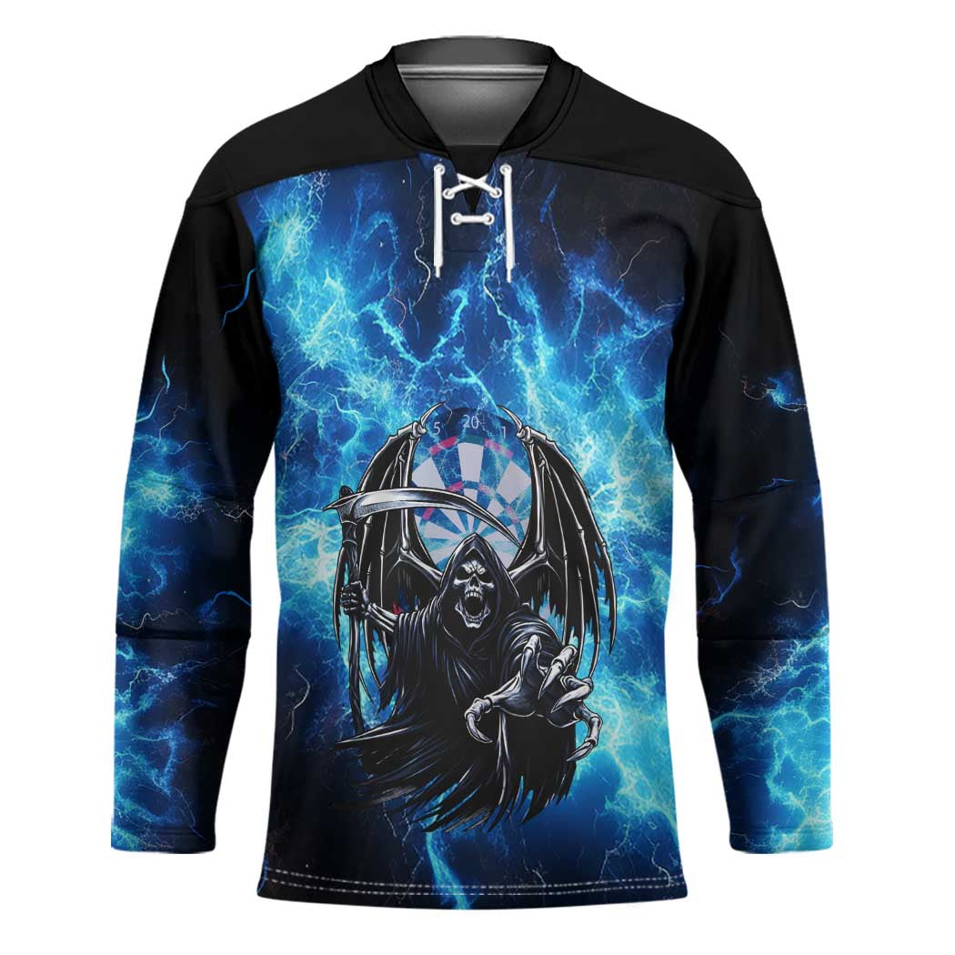 Custom Grim Reaper Bowling Hockey Jersey with Blue Lightning Background - Wonder Print Shop