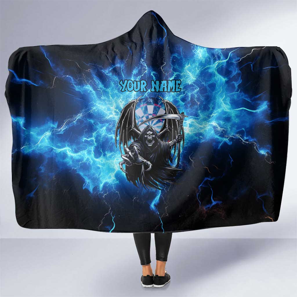 Custom Grim Reaper Bowling Hooded Blanket with Blue Lightning Background - Wonder Print Shop