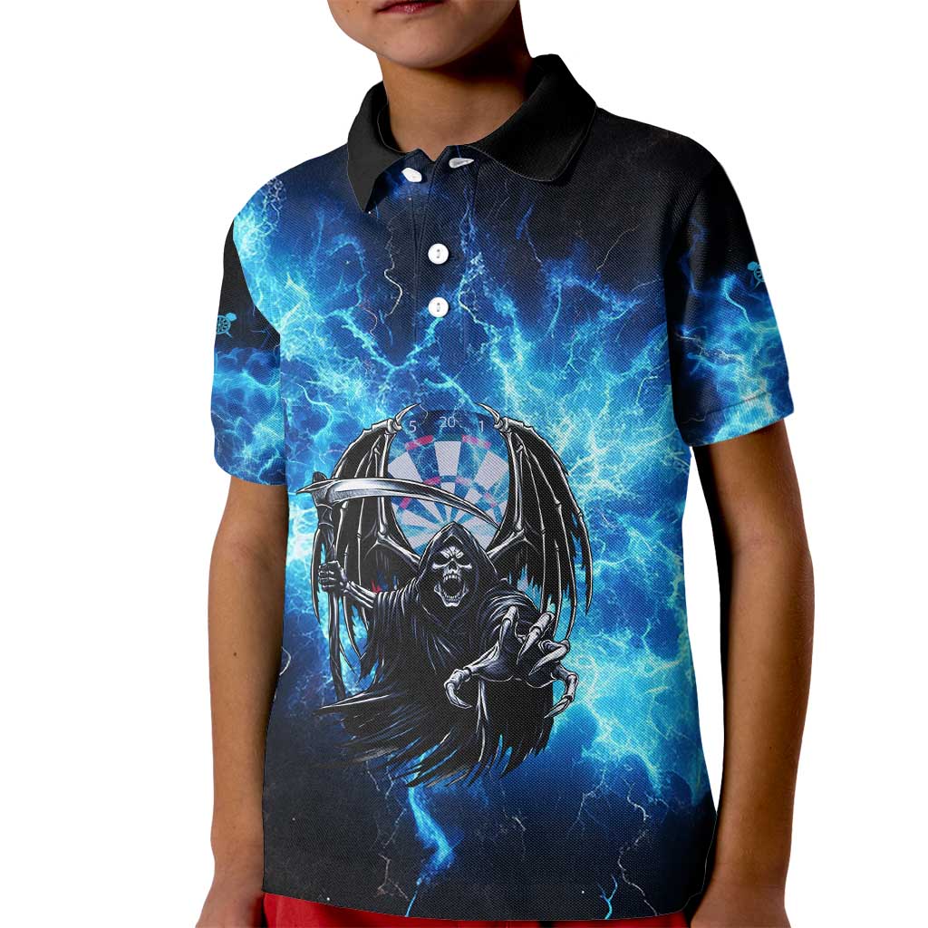 Custom Grim Reaper Bowling Kid Polo Shirt with Blue Lightning Background - Wonder Print Shop