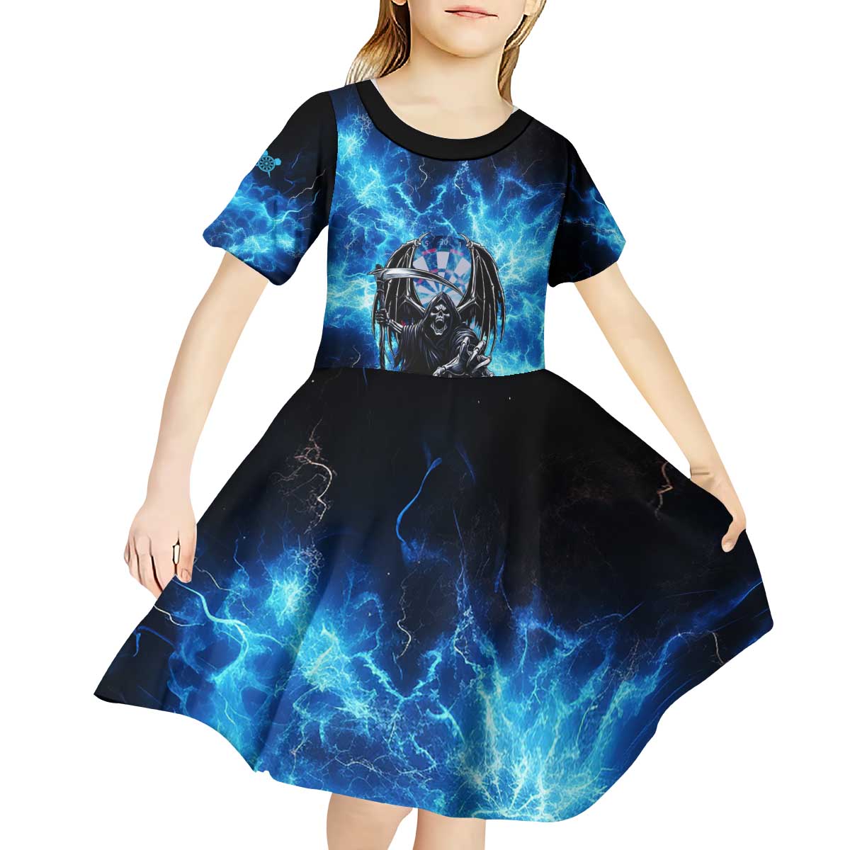 Custom Grim Reaper Bowling Kid Short Sleeve Dress with Blue Lightning Background - Wonder Print Shop