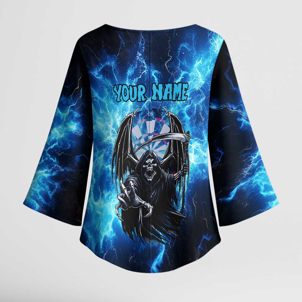 Custom Grim Reaper Bowling Kimono Sleeve Blouse with Blue Lightning Background - Wonder Print Shop
