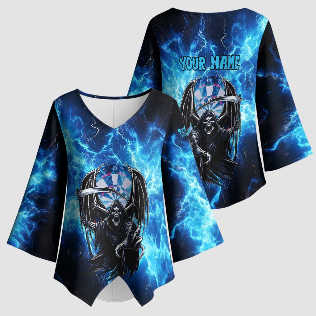 Custom Grim Reaper Bowling Kimono Sleeve Blouse with Blue Lightning Background - Wonder Print Shop