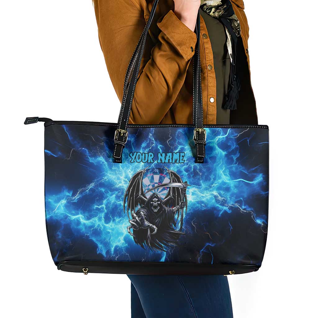 Custom Grim Reaper Bowling Leather Tote Bag with Blue Lightning Background - Wonder Print Shop