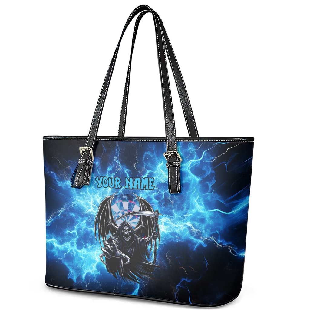 Custom Grim Reaper Bowling Leather Tote Bag with Blue Lightning Background - Wonder Print Shop