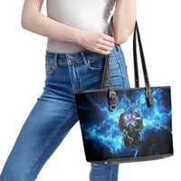 Custom Grim Reaper Bowling Leather Tote Bag with Blue Lightning Background - Wonder Print Shop