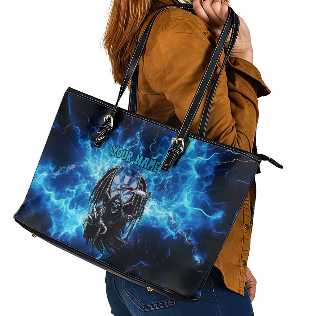 Custom Grim Reaper Bowling Leather Tote Bag with Blue Lightning Background - Wonder Print Shop