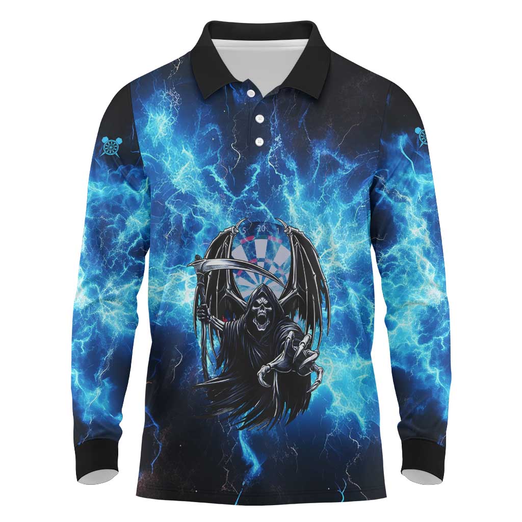 Custom Grim Reaper Bowling Long Sleeve Polo Shirt with Blue Lightning Background - Wonder Print Shop