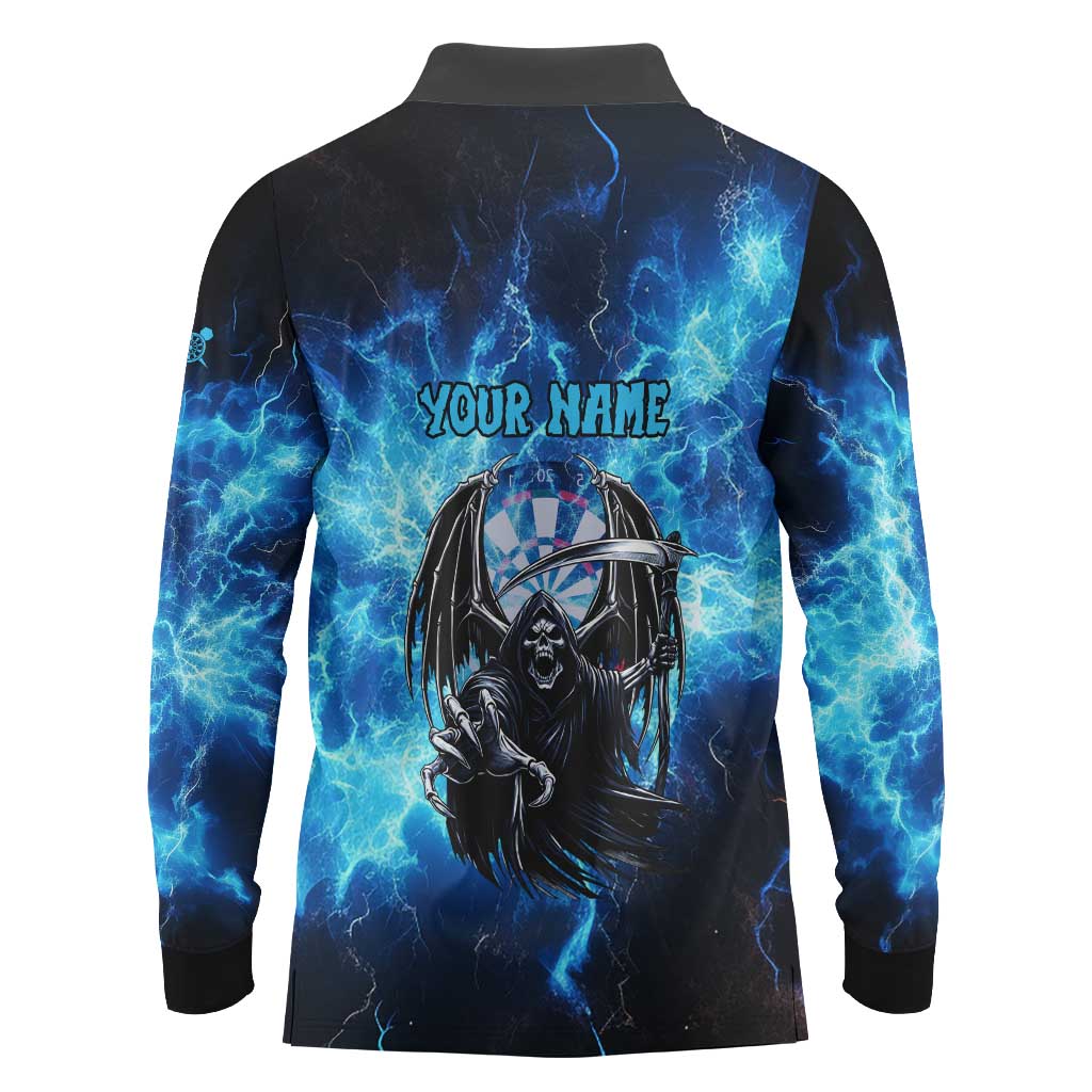 Custom Grim Reaper Bowling Long Sleeve Polo Shirt with Blue Lightning Background - Wonder Print Shop