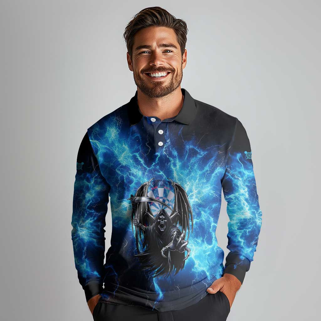 Custom Grim Reaper Bowling Long Sleeve Polo Shirt with Blue Lightning Background - Wonder Print Shop