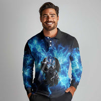 Custom Grim Reaper Bowling Long Sleeve Polo Shirt with Blue Lightning Background - Wonder Print Shop