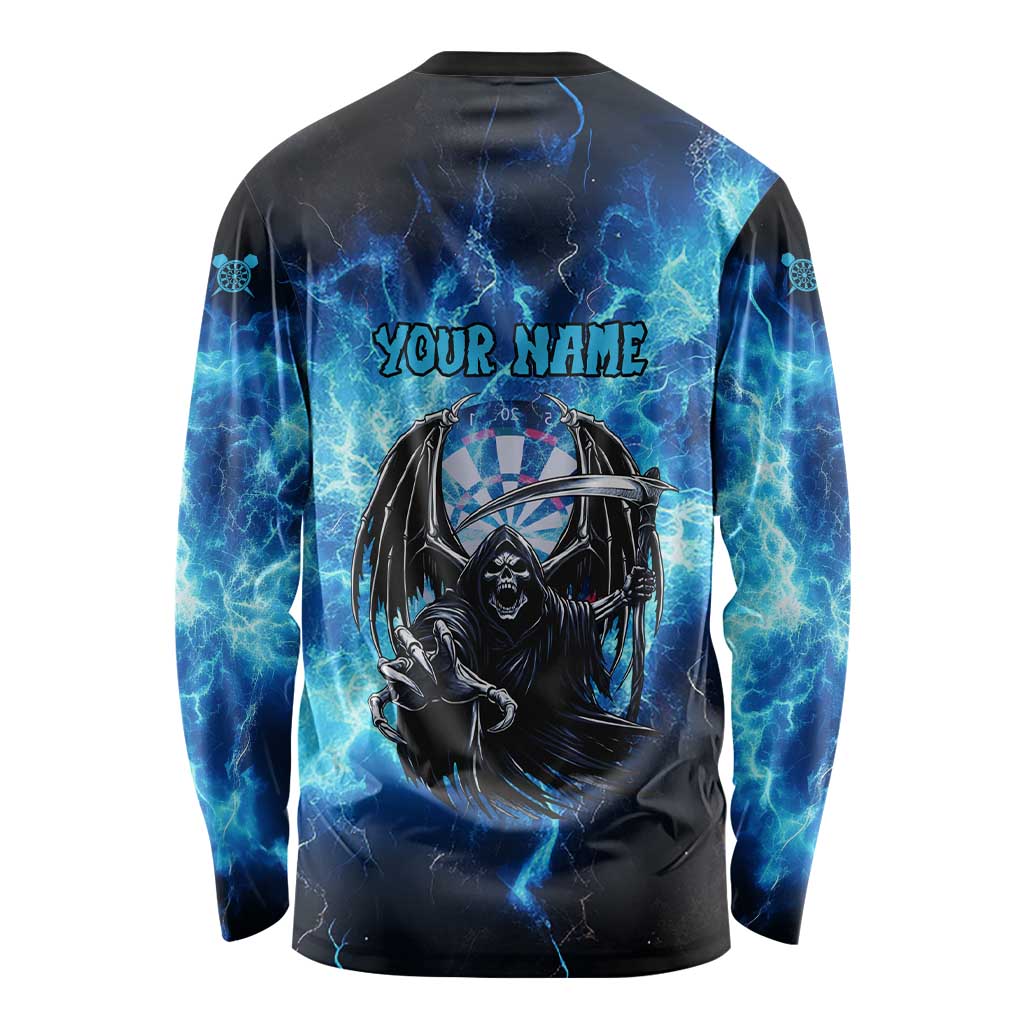 Custom Grim Reaper Bowling Long Sleeve Shirt with Blue Lightning Background - Wonder Print Shop