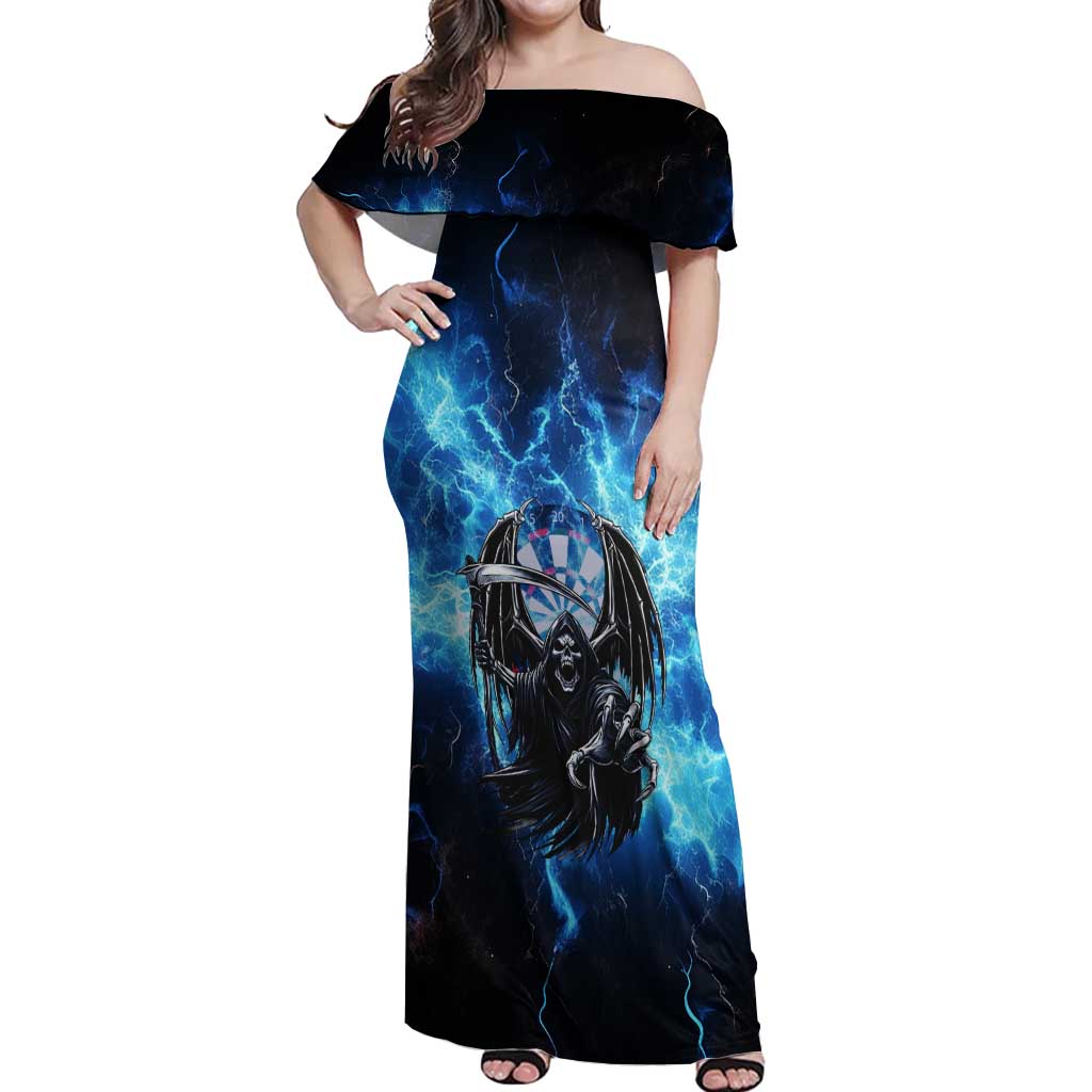 Custom Grim Reaper Bowling Off Shoulder Maxi Dress with Blue Lightning Background - Wonder Print Shop