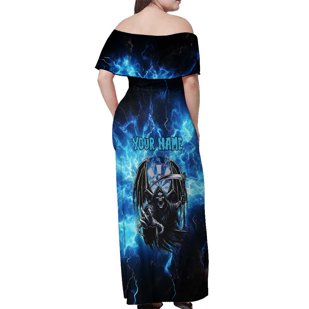 Custom Grim Reaper Bowling Off Shoulder Maxi Dress with Blue Lightning Background - Wonder Print Shop