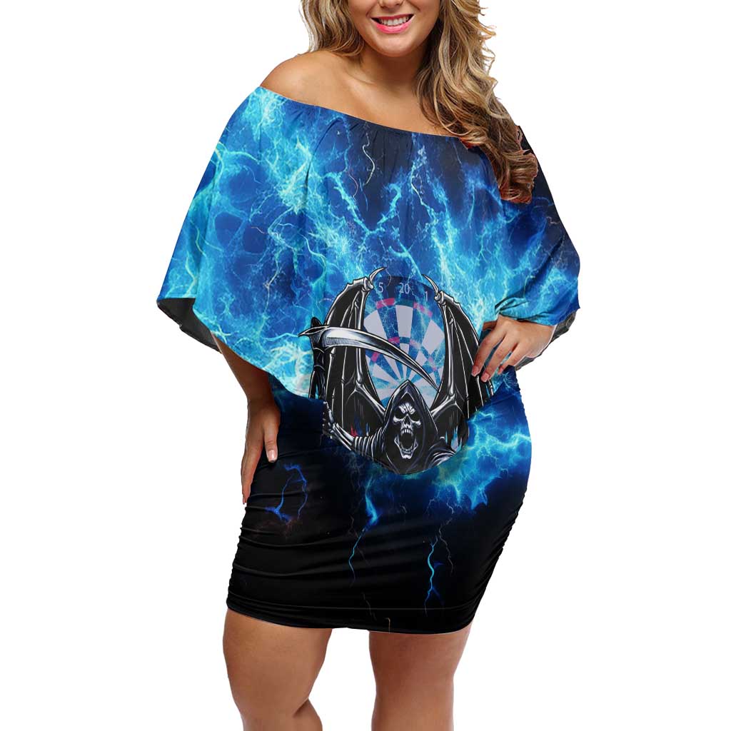 Custom Grim Reaper Bowling Off Shoulder Short Dress with Blue Lightning Background - Wonder Print Shop
