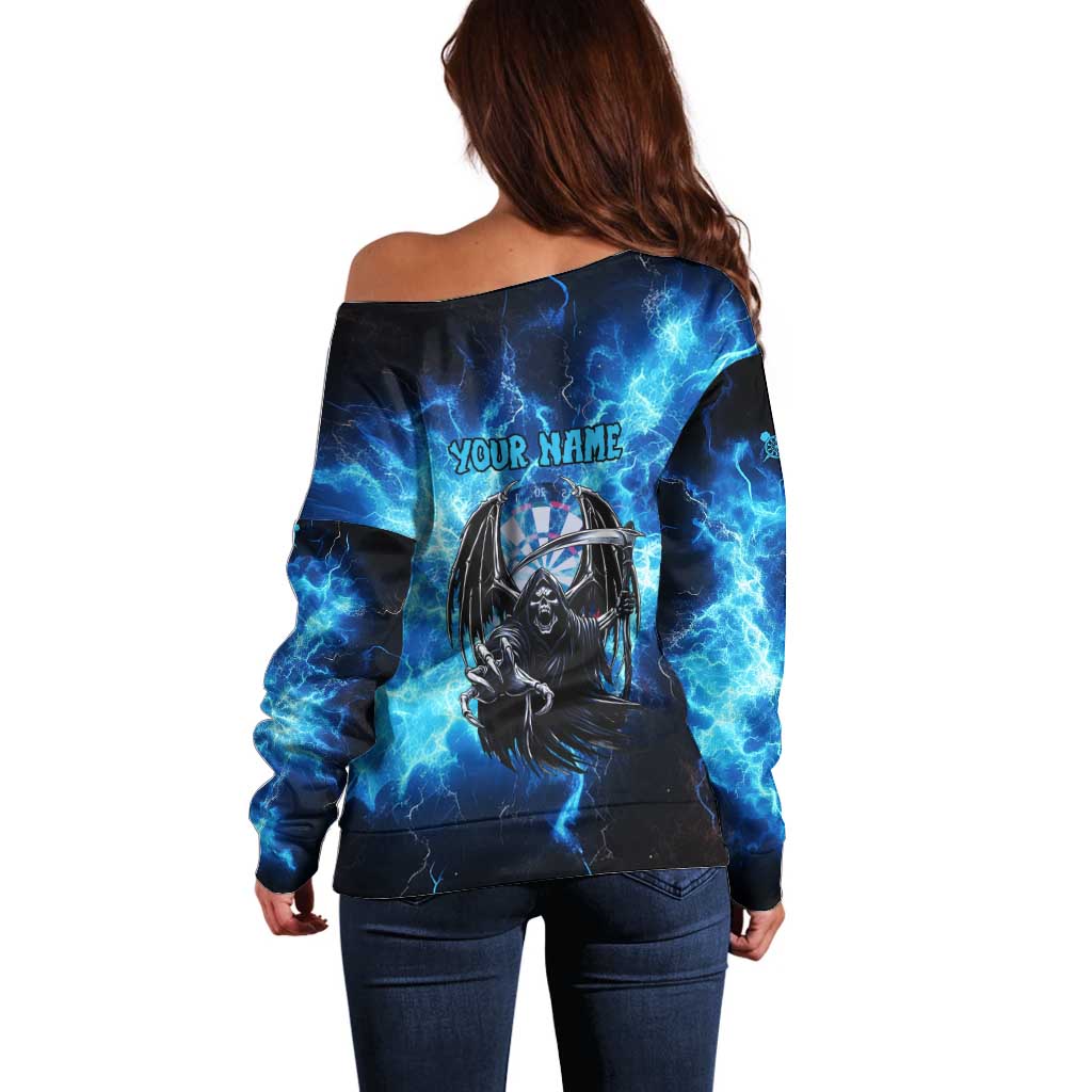 Custom Grim Reaper Bowling Off Shoulder Sweater with Blue Lightning Background - Wonder Print Shop