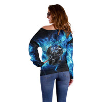 Custom Grim Reaper Bowling Off Shoulder Sweater with Blue Lightning Background - Wonder Print Shop
