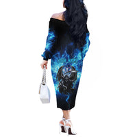 Custom Grim Reaper Bowling Off The Shoulder Long Sleeve Dress with Blue Lightning Background - Wonder Print Shop