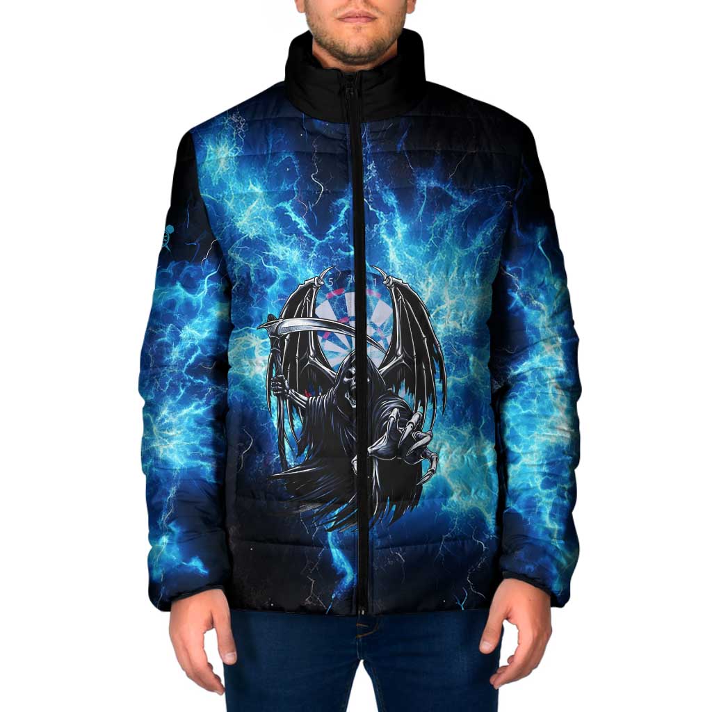 Custom Grim Reaper Bowling Padded Jacket with Blue Lightning Background - Wonder Print Shop