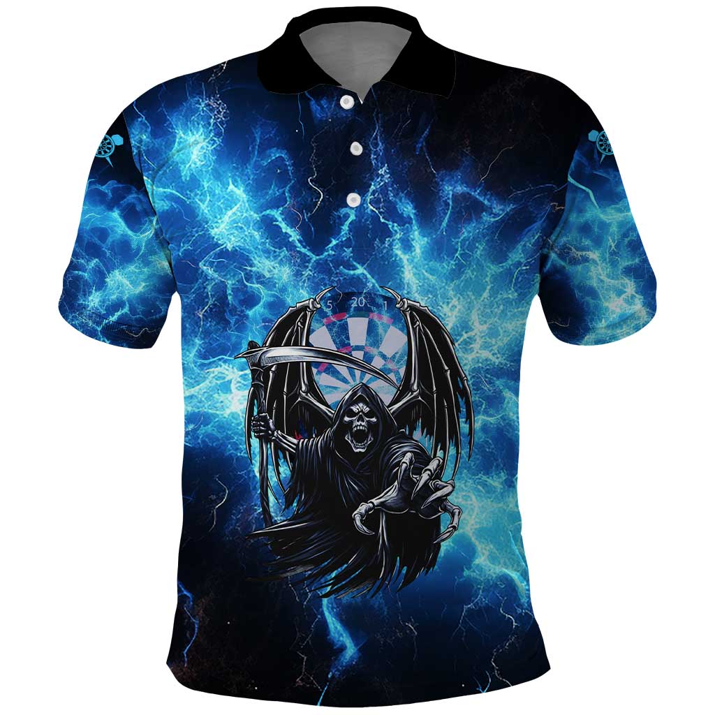 Custom Grim Reaper Bowling Polo Shirt with Blue Lightning Background - Wonder Print Shop