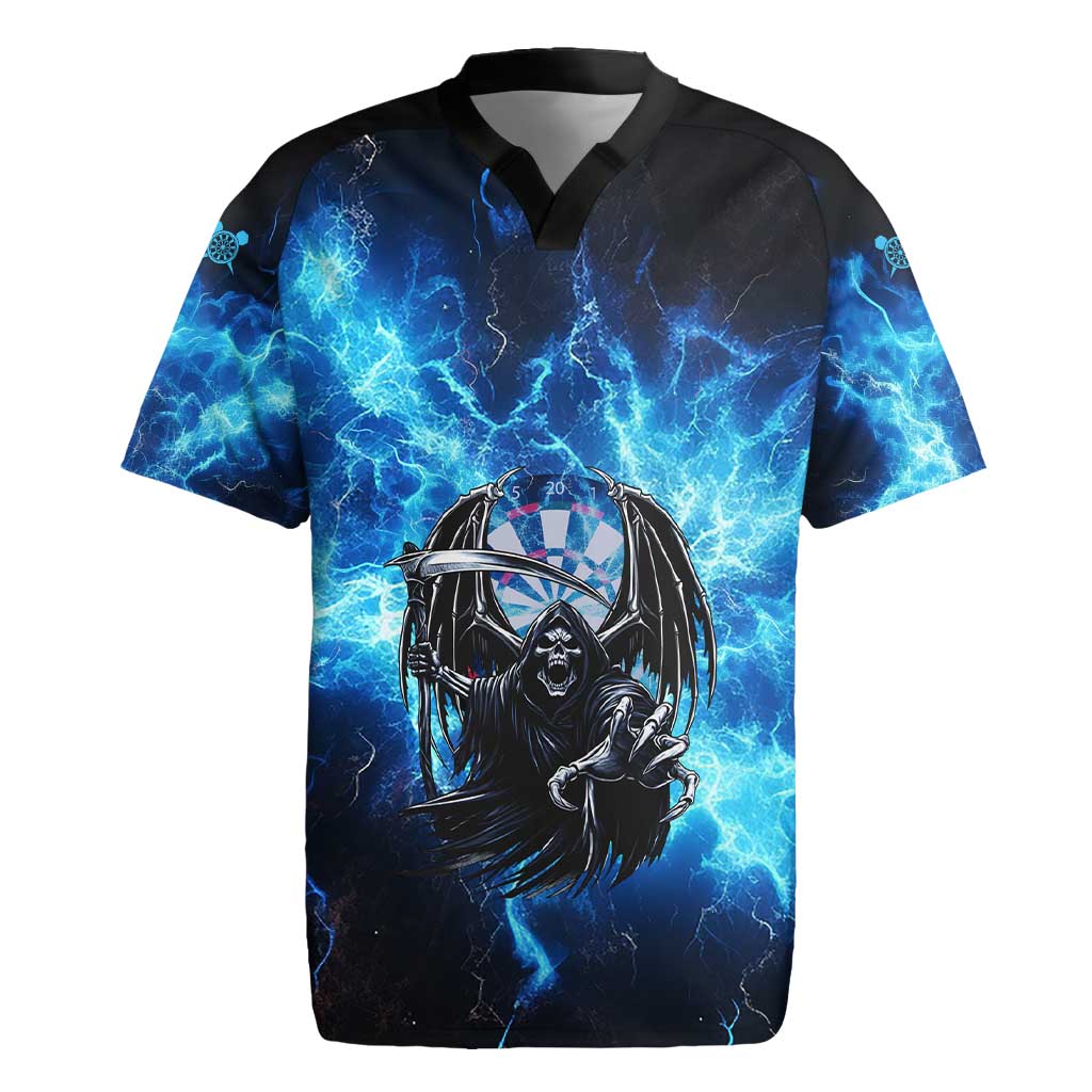 Custom Grim Reaper Bowling Rugby Jersey with Blue Lightning Background - Wonder Print Shop