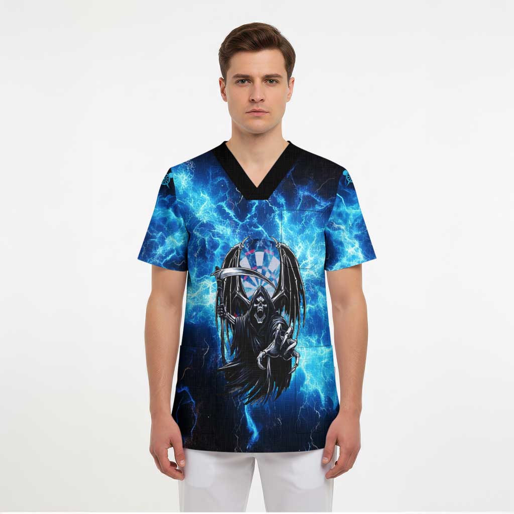 Custom Grim Reaper Bowling Scrub Top with Blue Lightning Background - Wonder Print Shop