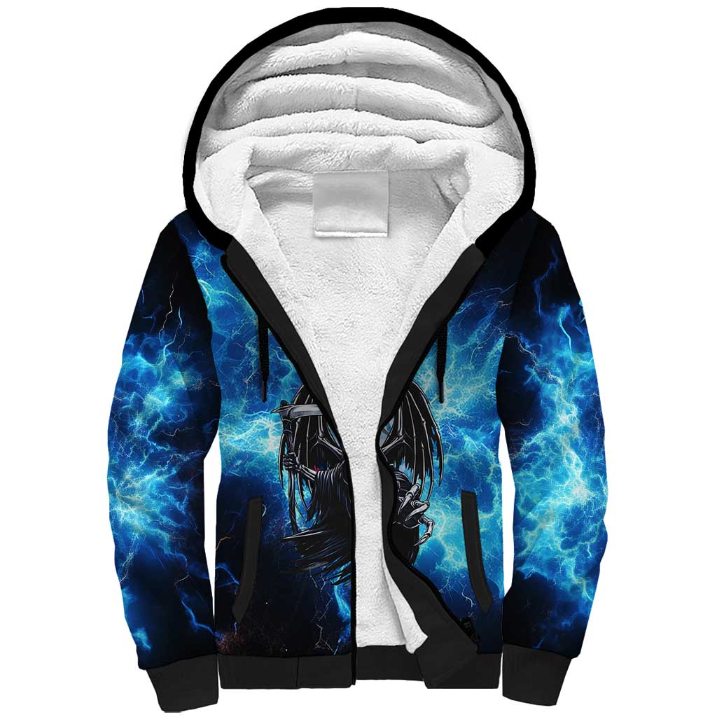 Custom Grim Reaper Bowling Sherpa Hoodie with Blue Lightning Background - Wonder Print Shop