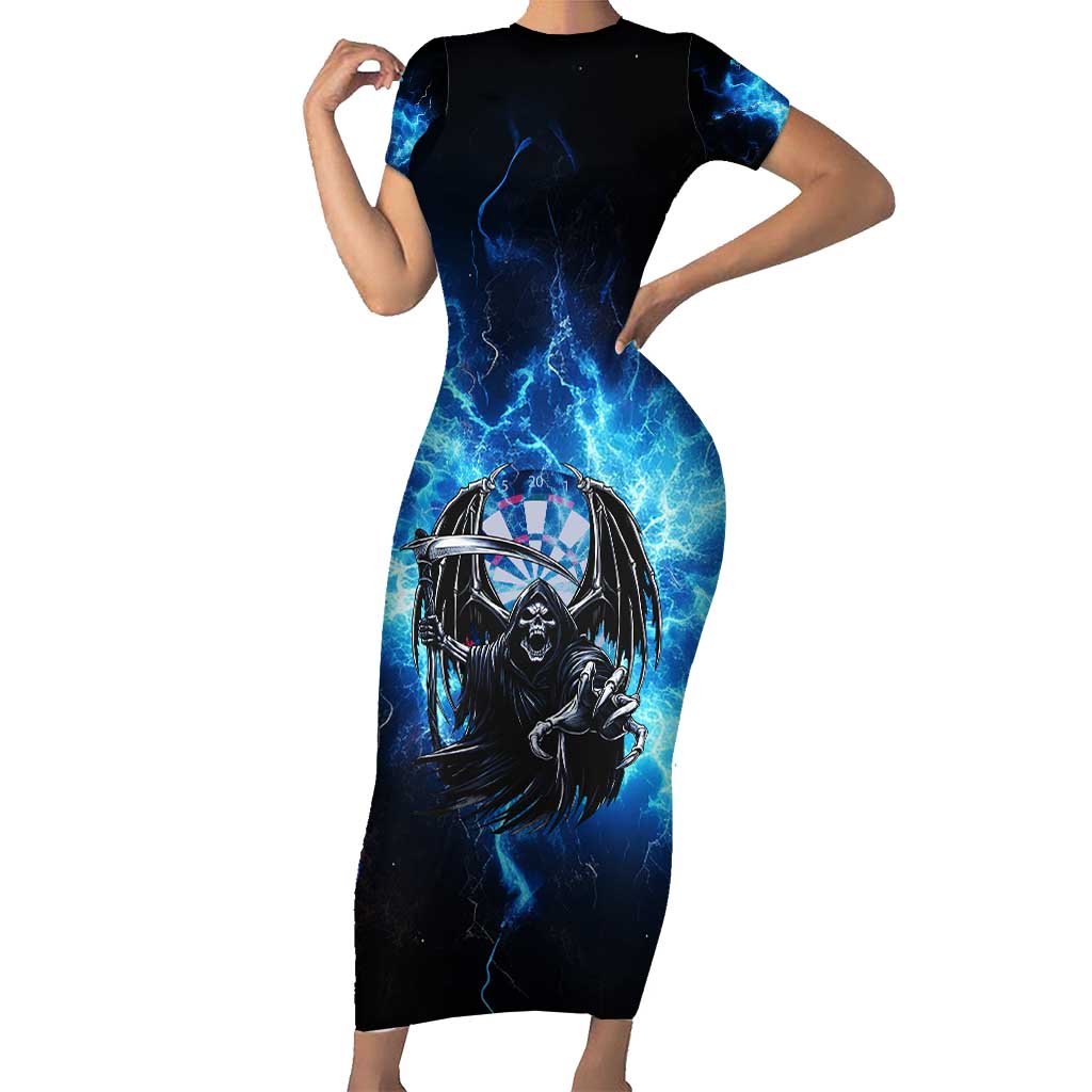 Custom Grim Reaper Bowling Short Sleeve Bodycon Dress with Blue Lightning Background - Wonder Print Shop