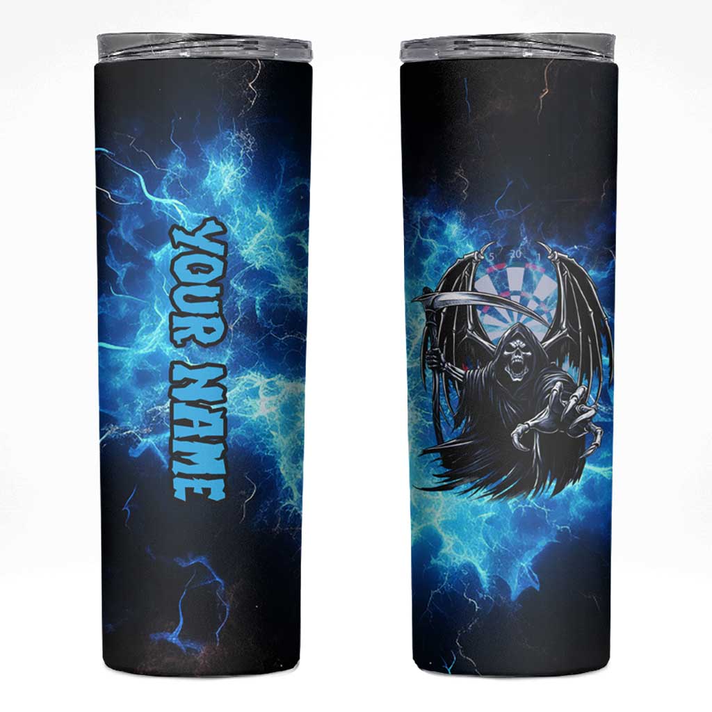 Custom Grim Reaper Bowling Skinny Tumbler with Blue Lightning Background - Wonder Print Shop