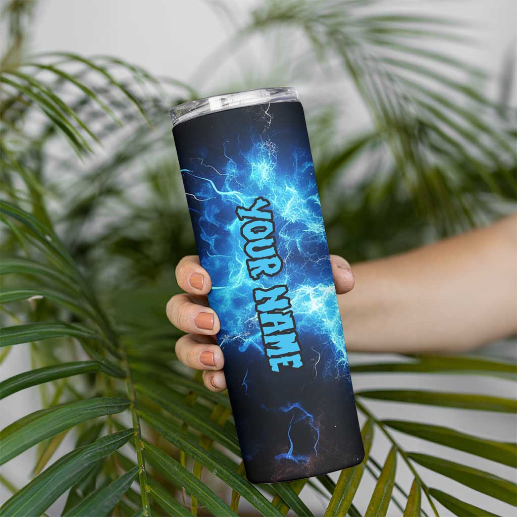 Custom Grim Reaper Bowling Skinny Tumbler with Blue Lightning Background - Wonder Print Shop