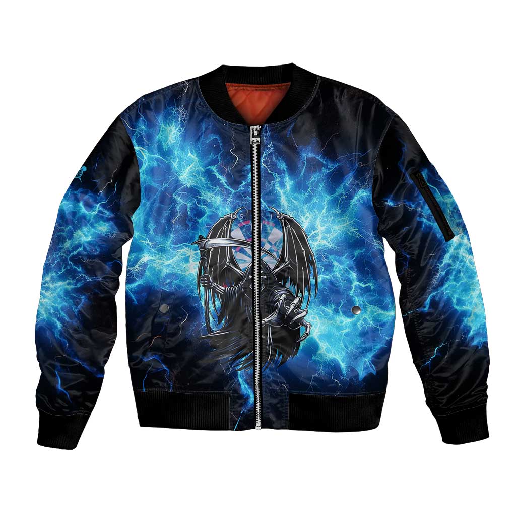 Custom Grim Reaper Bowling Sleeve Zip Bomber Jacket with Blue Lightning Background - Wonder Print Shop