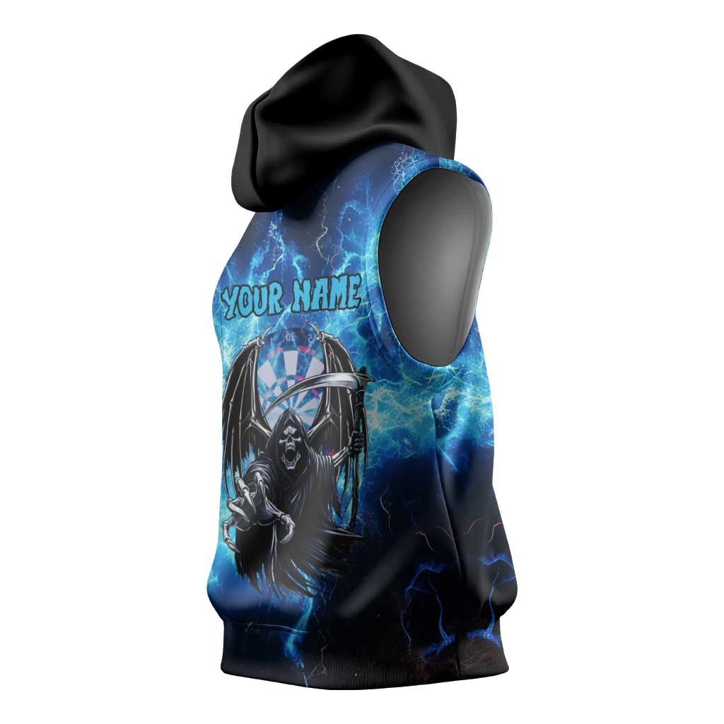 Custom Grim Reaper Bowling Sleeveless Hoodie with Blue Lightning Background - Wonder Print Shop