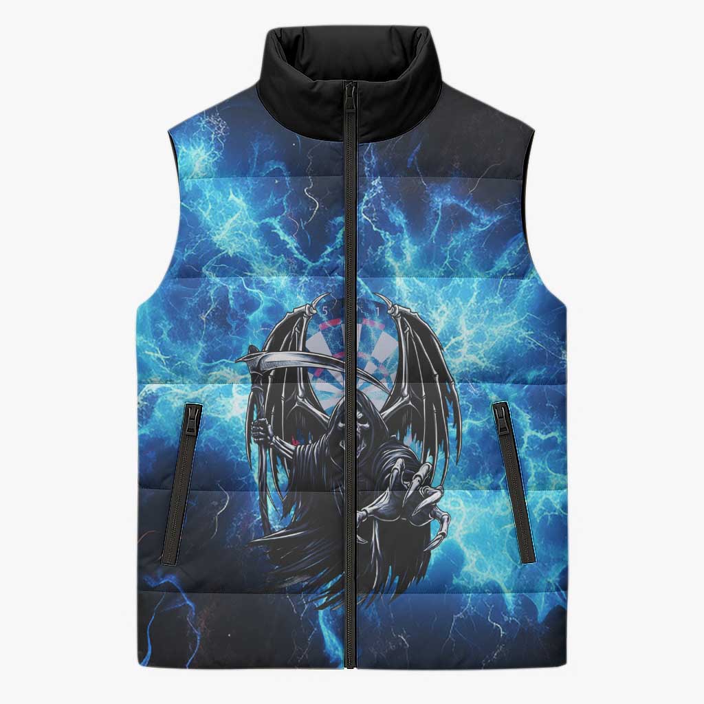Custom Grim Reaper Bowling Sleeveless Puffer Jacket with Blue Lightning Background - Wonder Print Shop