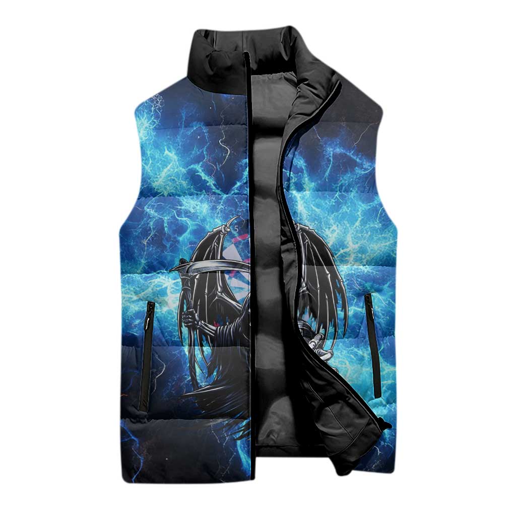 Custom Grim Reaper Bowling Sleeveless Puffer Jacket with Blue Lightning Background - Wonder Print Shop