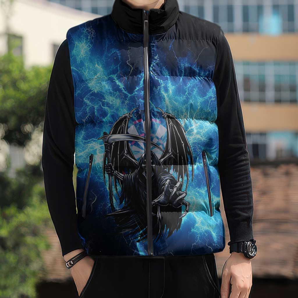 Custom Grim Reaper Bowling Sleeveless Puffer Jacket with Blue Lightning Background - Wonder Print Shop